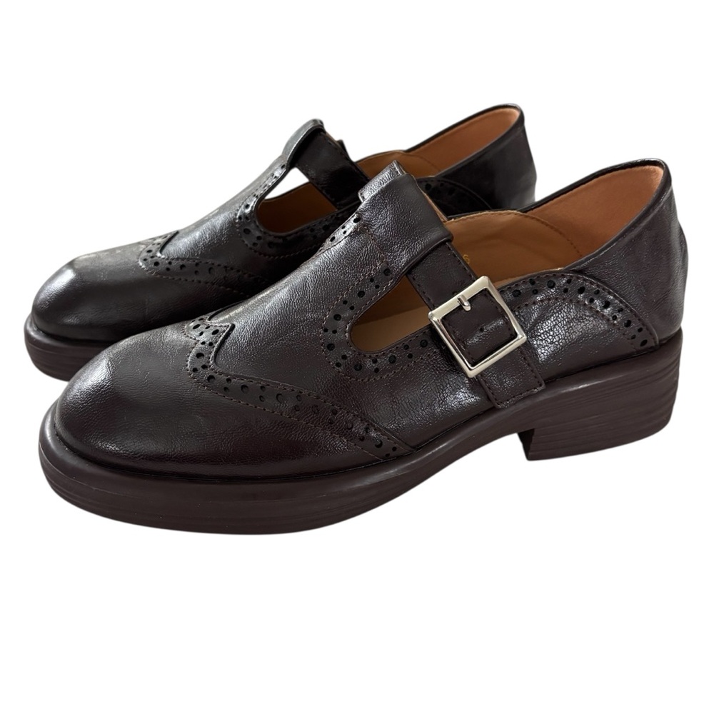 OKJ Mary Jane Shoes with Strap and Buckle Brown Leather Size 36 equals US 6 New